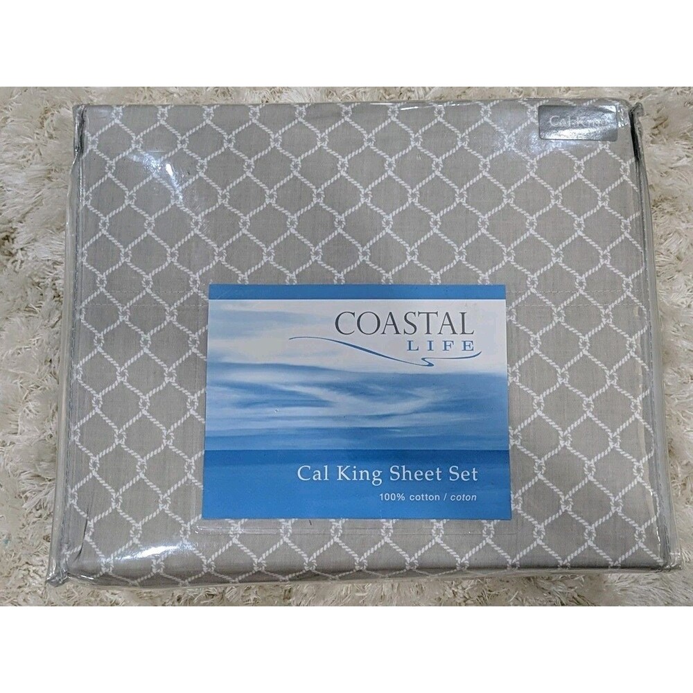 Coastal Life Cali King Sheet Set NEW Rope Knot Nautical White Grey 100% Cotton